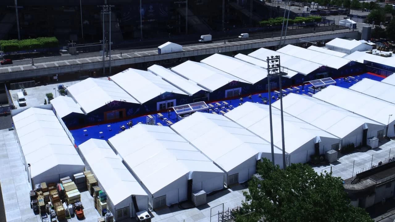 Aerial view of engineered German clear-span hanger structures.